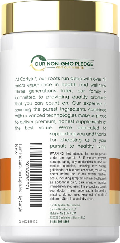Carlyle Turmeric Curcumin with Black Pepper | 180 Capsules | Turmeric Complex Supplement | Non-GMO, Gluten Free