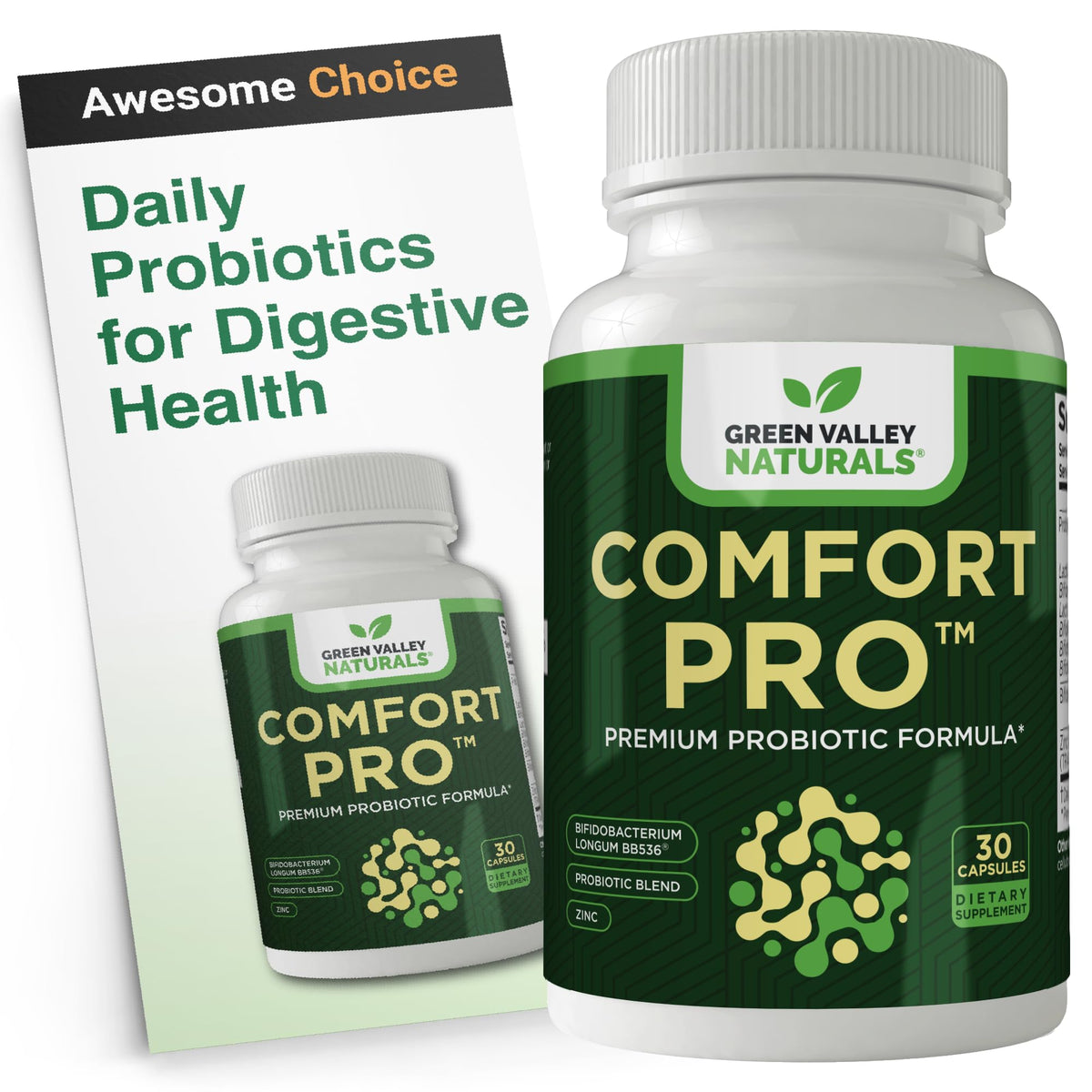Green Valley Naturals Comfort Pro probiotic supplement bottle and packaging on a white background