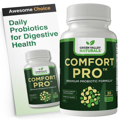 Green Valley Naturals Comfort Pro probiotic supplement bottle and packaging on a white background