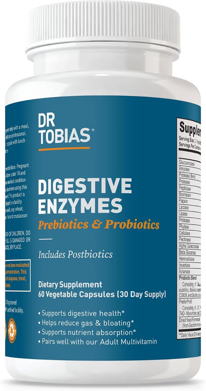 Dr. Tobias Digestive Enzymes + Prebiotics & Probiotics 60 Capsules | Digestion & Gut Support | Enzymes + Prebiotics + Probiotics + Postbiotics | Bromelain, Amylase & Lipase | 30 Servings