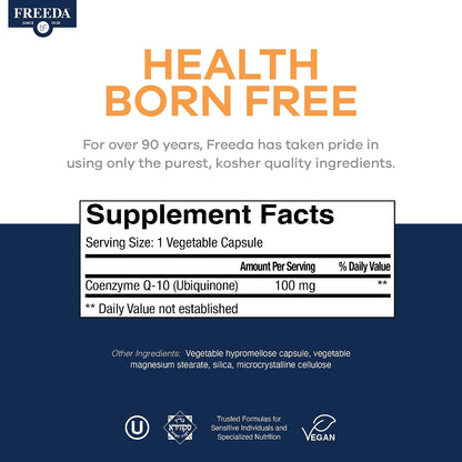 FREEDA CoQ10 100mg - Kosher Coenzyme Q10 Dietary Supplement for Cardiovascular Heart Health, Blood Pressure Support, Oral Gum Health, and Healthy Aging - Pure CoQ10 Capsules, 100 Count | Supports Oral Gum Health, Immune Support, & Healthy Aging – Pure Ant