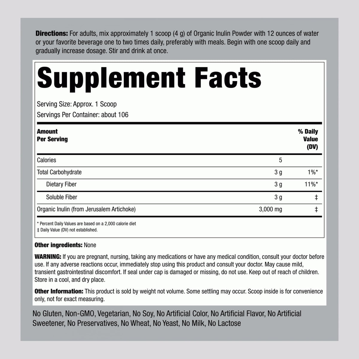 Piping Rock Organic Inulin Powder | 15 oz | Soluble Fiber Supplement | FOS Powder | Vegetarian, Non-GMO, Gluten Free Piping RockBuy Supplements Australia