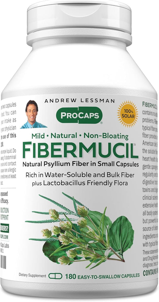 Andrew Lessman ProCaps Fibermucil Psyllium Husk Fiber 180 Capsules | Psyllium Husk Powder with Soluble & Insoluble Fiber plus Lactobacillus Sporogenes. No additives. Easy-to-swallow capsules.