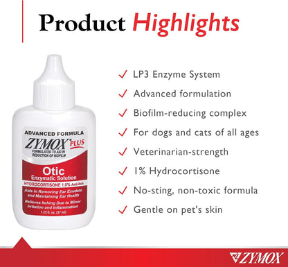 Zymox Advanced Formula Otic Plus Enzymatic Ear Solution for Dogs and Cats | with 1% Hydrocortisone, 1.25oz
