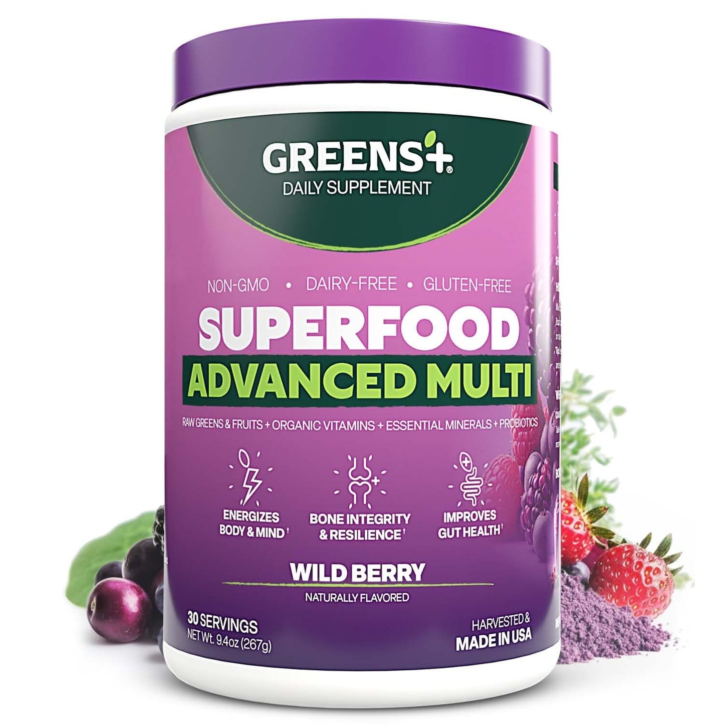 Purple supplement container labeled 'Greens+' with wild berry flavor on a white background