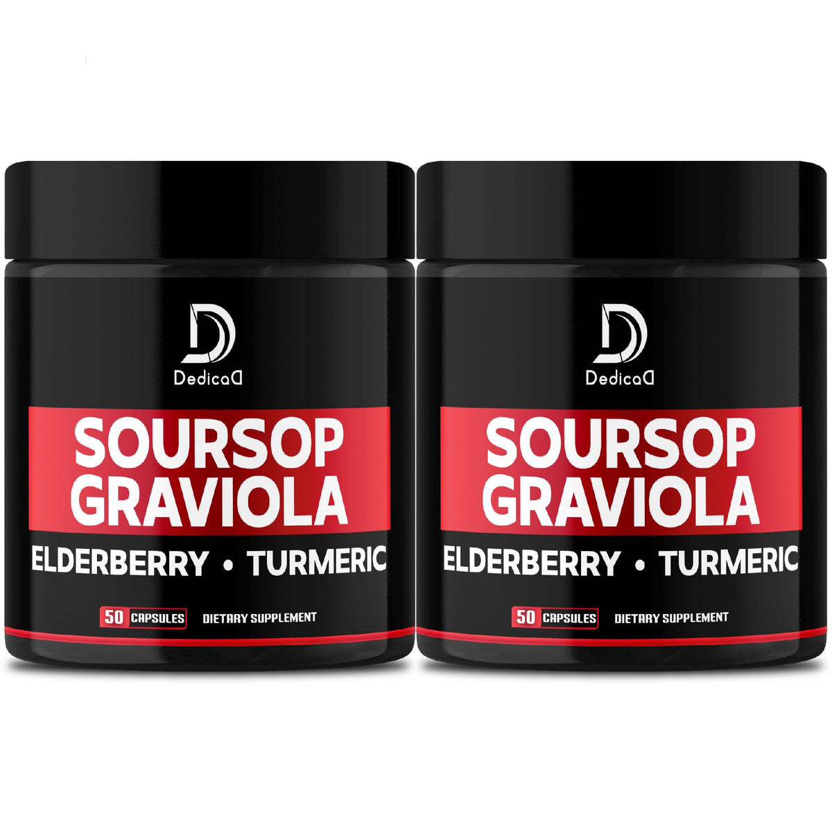 Two bottles of Deditca Soursop Graviola dietary supplement with black and red labels on a white background.