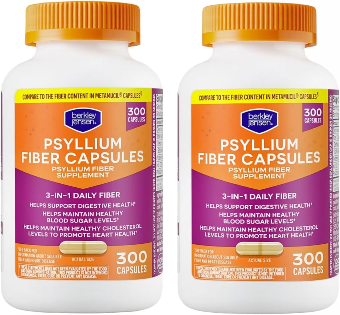 berkley jensen Daily Psyllium Husk Supplement, Natural Fiber for Men & Women - Fiber Capsules for Overall Digestive Health, Easing Constipation, Made in USA - 300 Count (Pack of 2)