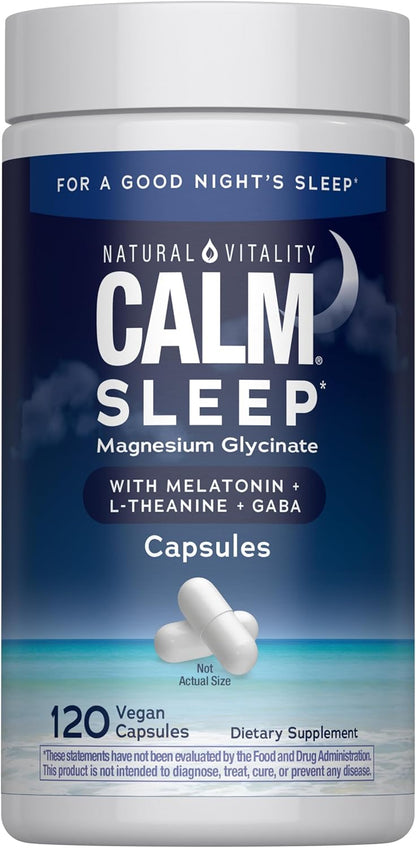 Natural Vitality Calm Sleep Capsules | Magnesium with Melatonin, L-Theanine & Gaba Supplement | For a Good Night's Sleep | Non-GMO, Gluten Free & Vegan | 120 Count