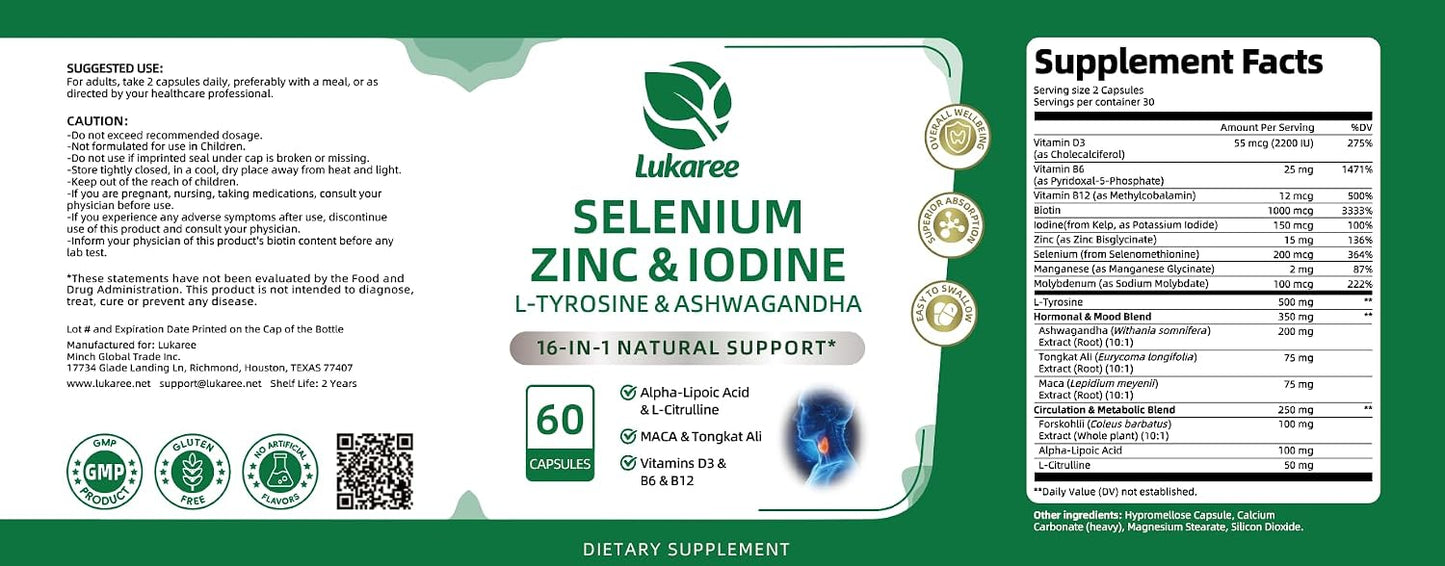 Selenium with Iodine, Zinc L-Tyrosine 500mg, Ashwagandha, Supports Hormone Health, Energy and Metabolism, Mood Balance, 16-in-1 Multivitamin Formula with Vitamin D3, B6, B12, 90 Capsules, GMP Tested