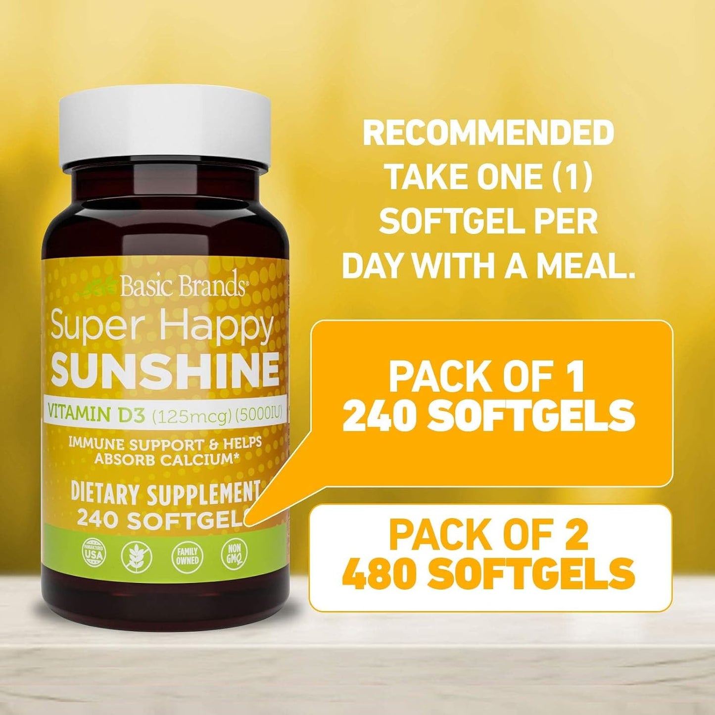Basic Brands Super Happy Sunshine Vitamin D3 5000 IU | 240 Softgels
