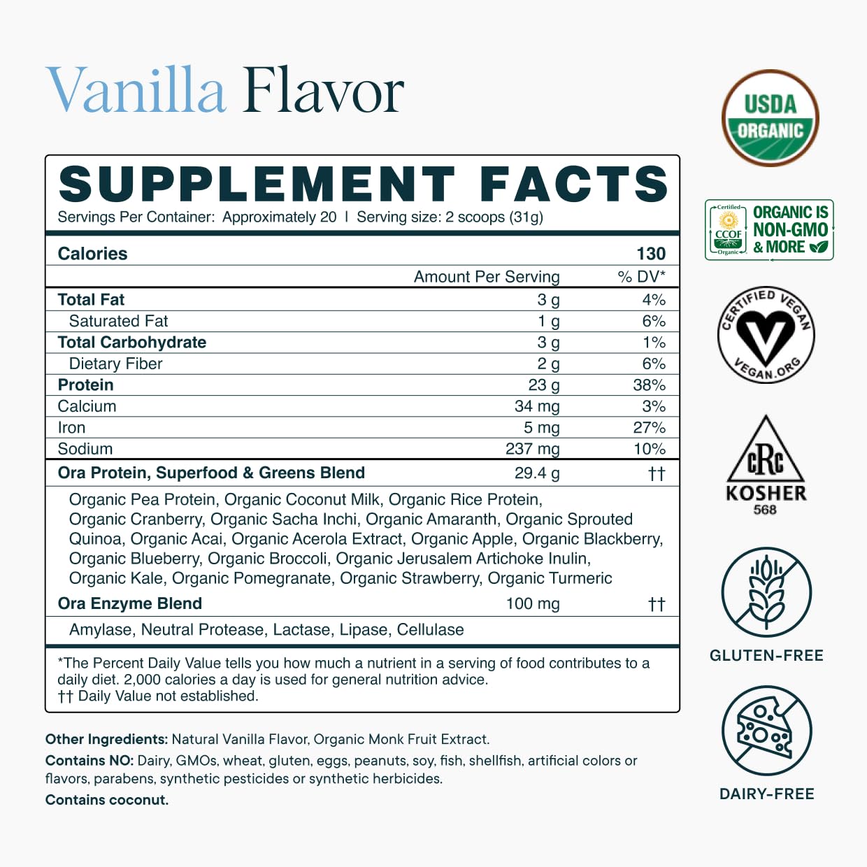Ora Organic Plant-Based Protein Powder - 23g Protein for Women and Men - Vanilla Flavor 20 Servings, Vegan, Clean Protein, Third-Party Tested, Gluten-Free - 20 Servings Ora Organic buy supplements Au