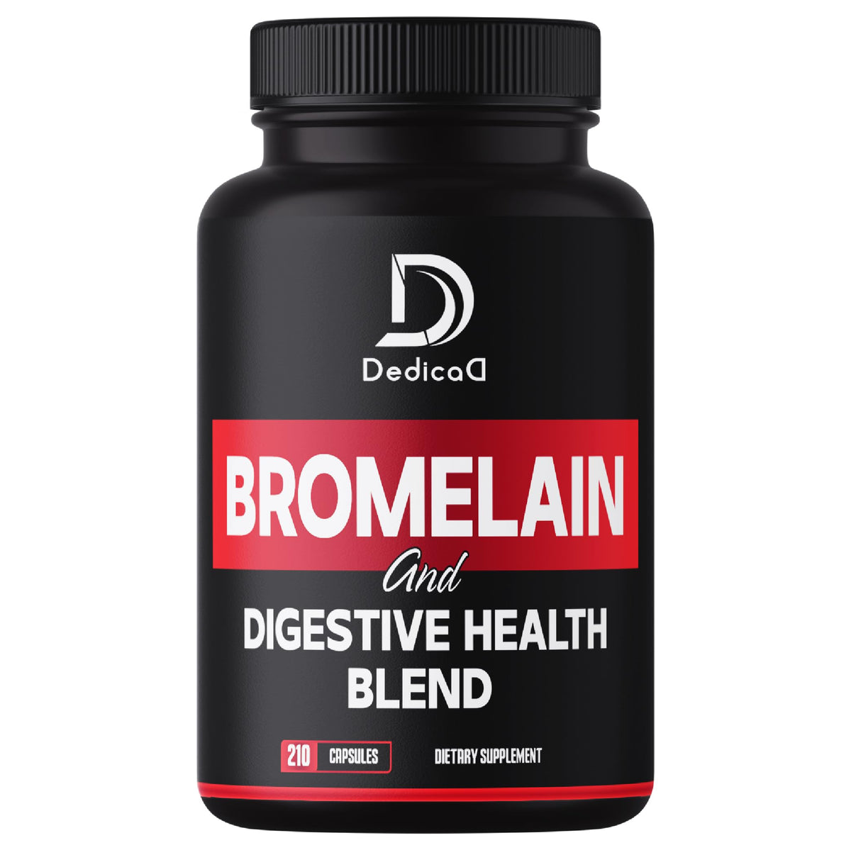 Black supplement bottle labeled 'Bromelain and Digestive Health Blend' with Dedica logo on a white background
