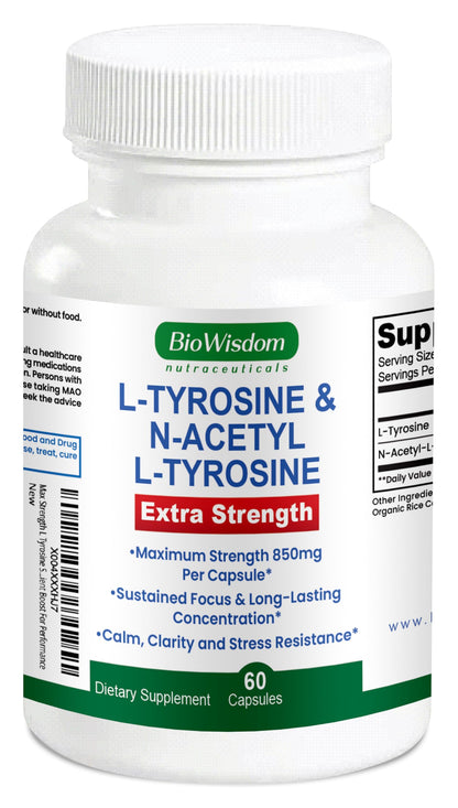Supplement bottle labeled 'L-Tyrosine & N-Acetyl L-Tyrosine' by BioWisdom on a white background