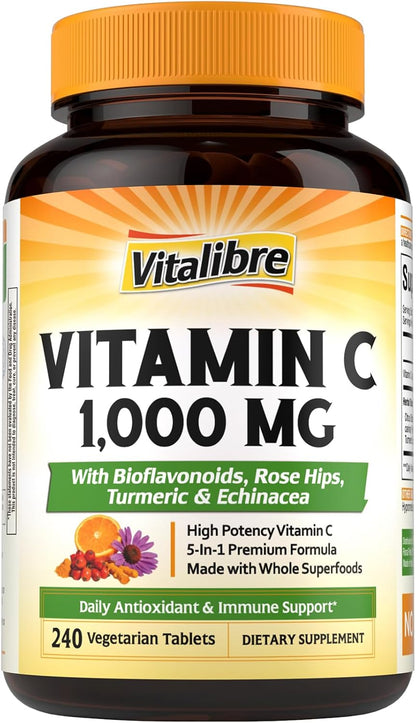 Vitalibre Vitamin C 1000mg, with Citrus Bioflavonoids, Rose Hips, Echinacea & Turmeric, Immune Support, Antioxidant Protection, Collagen Production, 240 Vegan Tabs