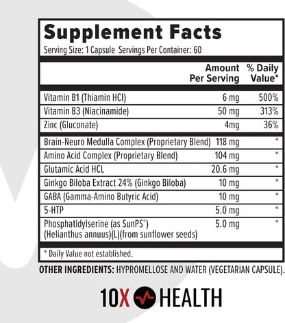 10X Health Brain Supplements for Memory and Focus - 60 Capsules | Ginkgo Biloba: Vitamin B1 & B3, Nootropic Brain & Memory Support, 60 Capsules