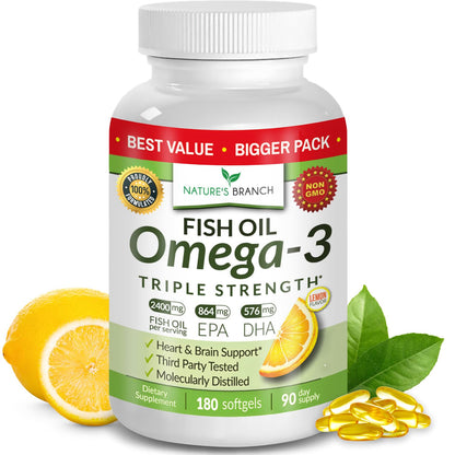Triple Strength Omega 3 Fish Oil Supplements 2400mg | 180 Capsules, Burpless High Potency Lemon Flavor, High EPA DHA for Men & Women Ultra Pure Softgels