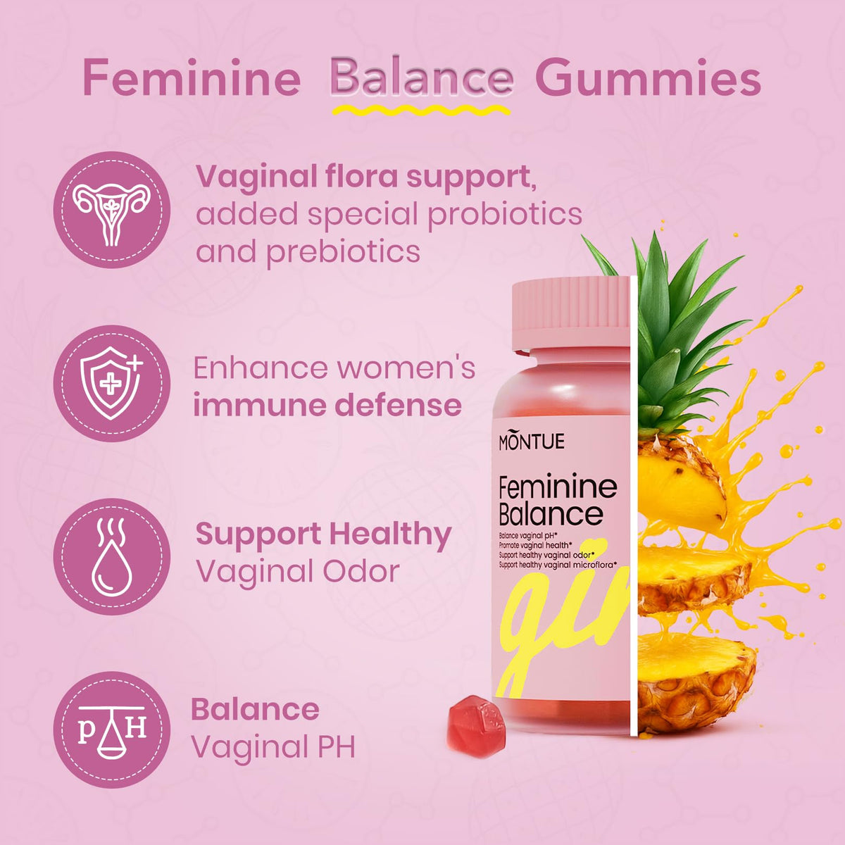 Montue Premium Diamond Feminine Balance Gummies-pH Balance with Prebiotics & Lactobacillus Probiotic Blend&Hawaiian Pineapple Immune Support,Vegan& Non-GMO（30 Gummies） Montue buy supplements Au