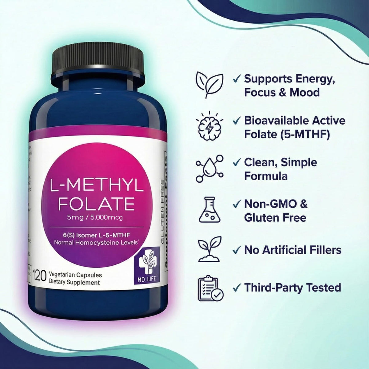 MD Life L-Methylfolate 5 mg Supplement - Professional-Grade Active L Methylfolate Supplement - 120 Capsules - L-Methylfolate 5mg - Maximum Potency MTHFR W/Essential Amino Acids MD.LIFEBuy Supplements Australia