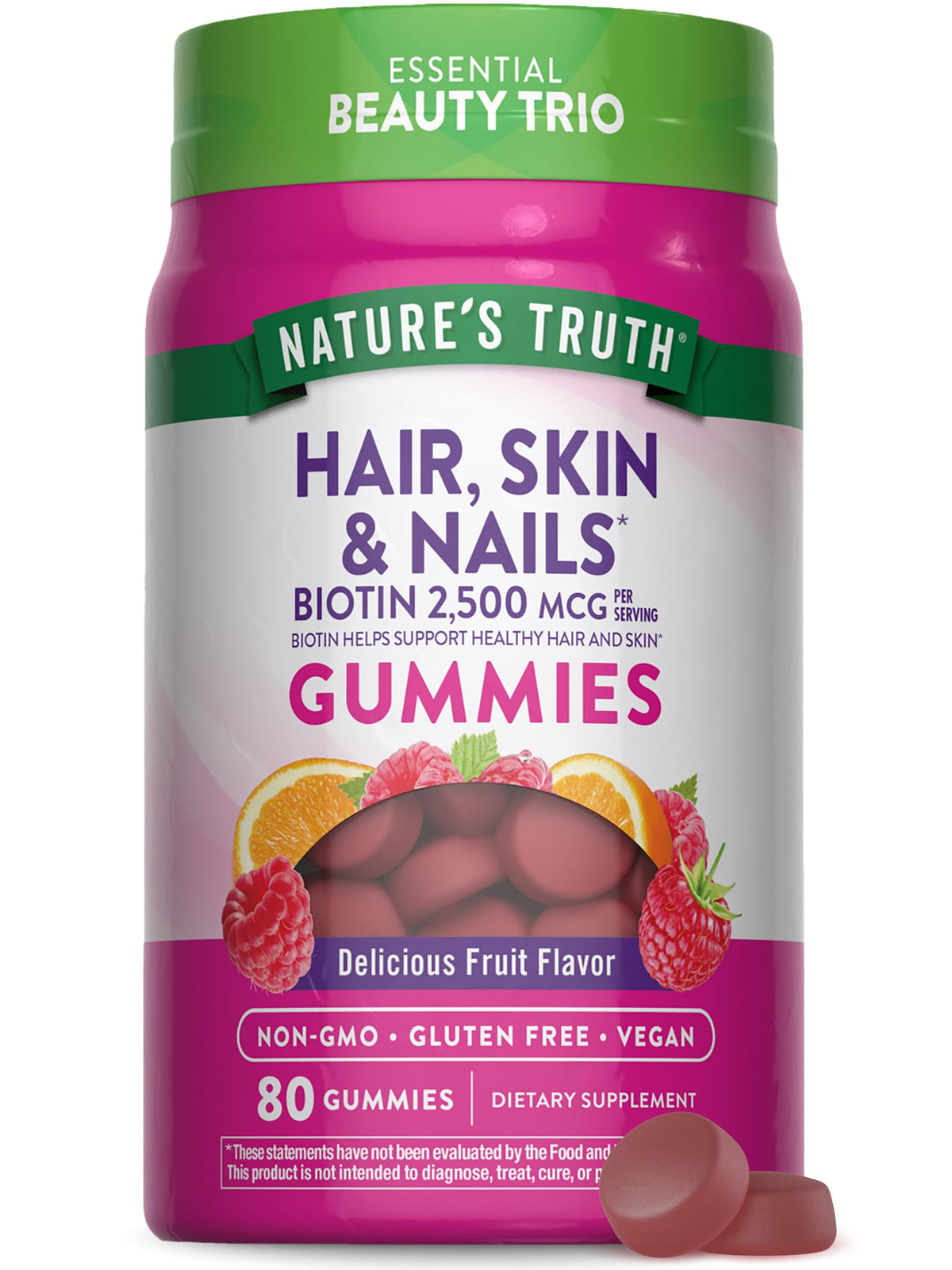 Nature's Truth Hair Skin and Nails Gummies | 80 Count | 2500mcg of Biotin | Vegan, Non-GMO, Gluten Free Supplement
