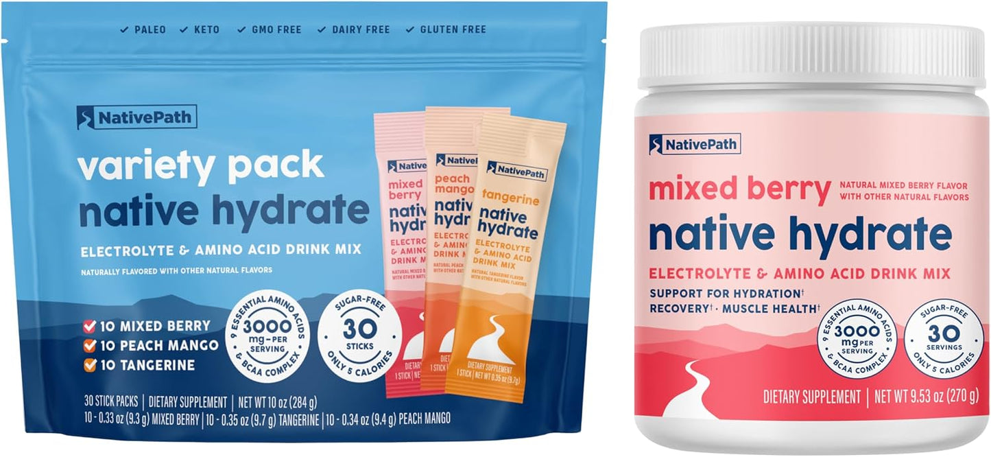 NativePath Hydrate Variety Stick Packs & Mixed Berry Hydrate Jar