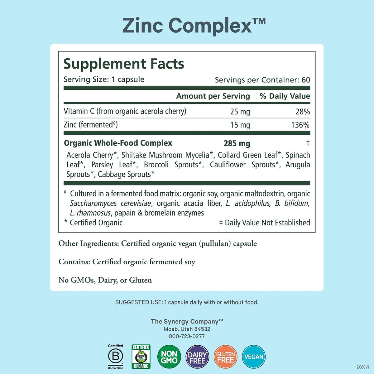 PURE SYNERGY Zinc Complex | Immune Support Supplement | Natural, Vegan Zinc Complex with Vitamin C and Organic Whole Foods | for Immune, Brain, and Skin Health (60 Capsules)