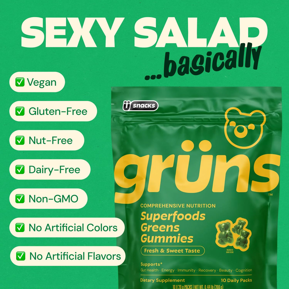 Gruns Adult Super Greens Multivitamin Gummies, Superfood Gummy Vitamins for Women and Men with Spirulina, Chlorella, Adaptogens & Prebiotic Fiber for Digestive Health (28 Count) Grüns buy supplements Au
