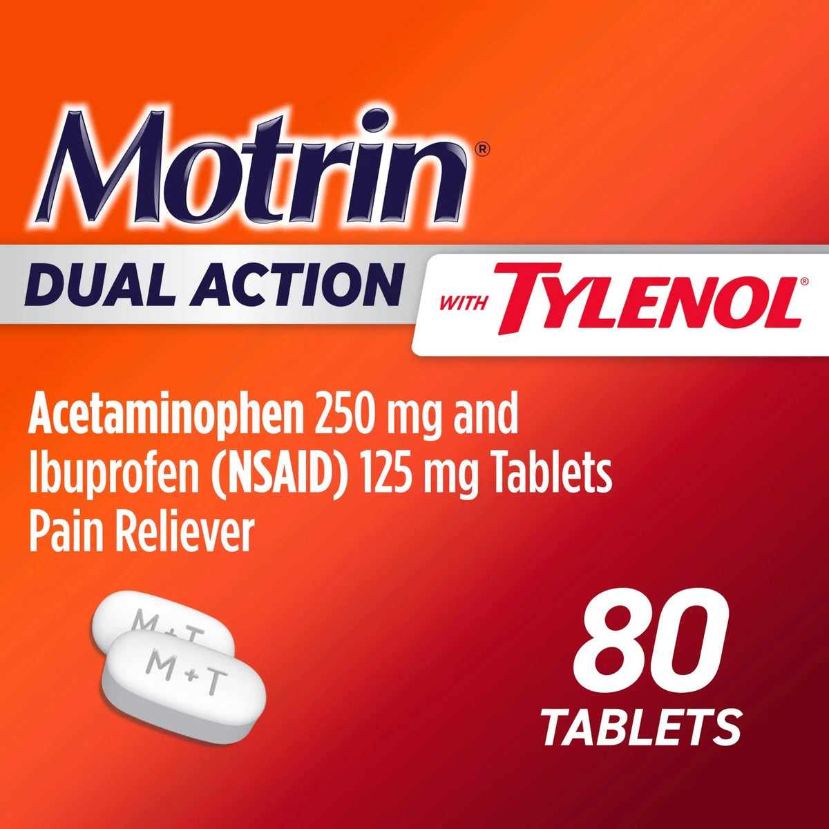 Motrin Dual Action with Tylenol, Fast-Acting Dual Action Pain Reliever with Ibuprofen & Acetaminophen for Minor Aches & Pains, Ibuprofen (NSAID) 125 mg & Acetaminophen 250 mg, 80 ct MotrinBuy Supplements Australia