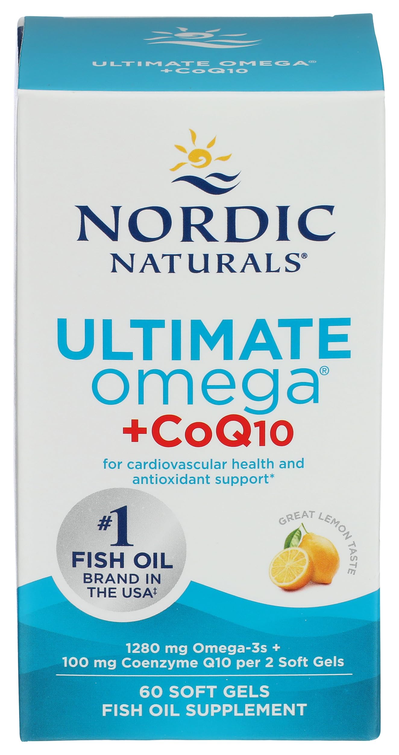 Nordic Naturals Ultimate Omega + CoQ10, Lemon Flavor - 120 Count | 1280mg Omega-3 + 100mg CoQ10 for heart health & cellular energy. Antioxidant. Non-GMO soft gels. 60 servings.