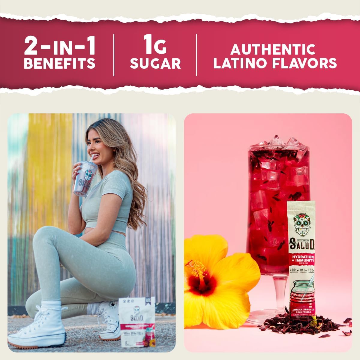 Salud 2-Pack | 2-in-1 Hydration + Immunity (Hibiscus) & Energy + Focus (Strawberry Watermelon) – 15 Servings Each, Agua Fresca Drink Mix, Non-GMO, Gluten Free, Vegan, Low Calorie, 1g of Sugar