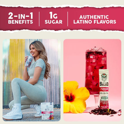 Salud 2-Pack | 2-in-1 Hydration + Immunity (Hibiscus) & Hydration + Immunity (Paloma) – 15 Servings Each, Agua Fresca Drink Mix, Non-GMO, Gluten Free, Vegan, Low Calorie, 1g of Sugar