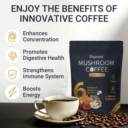 Mushroom Coffee, Instant Mushroom Coffee Organic with 6 Mushrooms Lion’s Mane, Cordyceps, Turkey Tail & Other for Energy, Focus, Digestion, Immunity, 35 Servings
