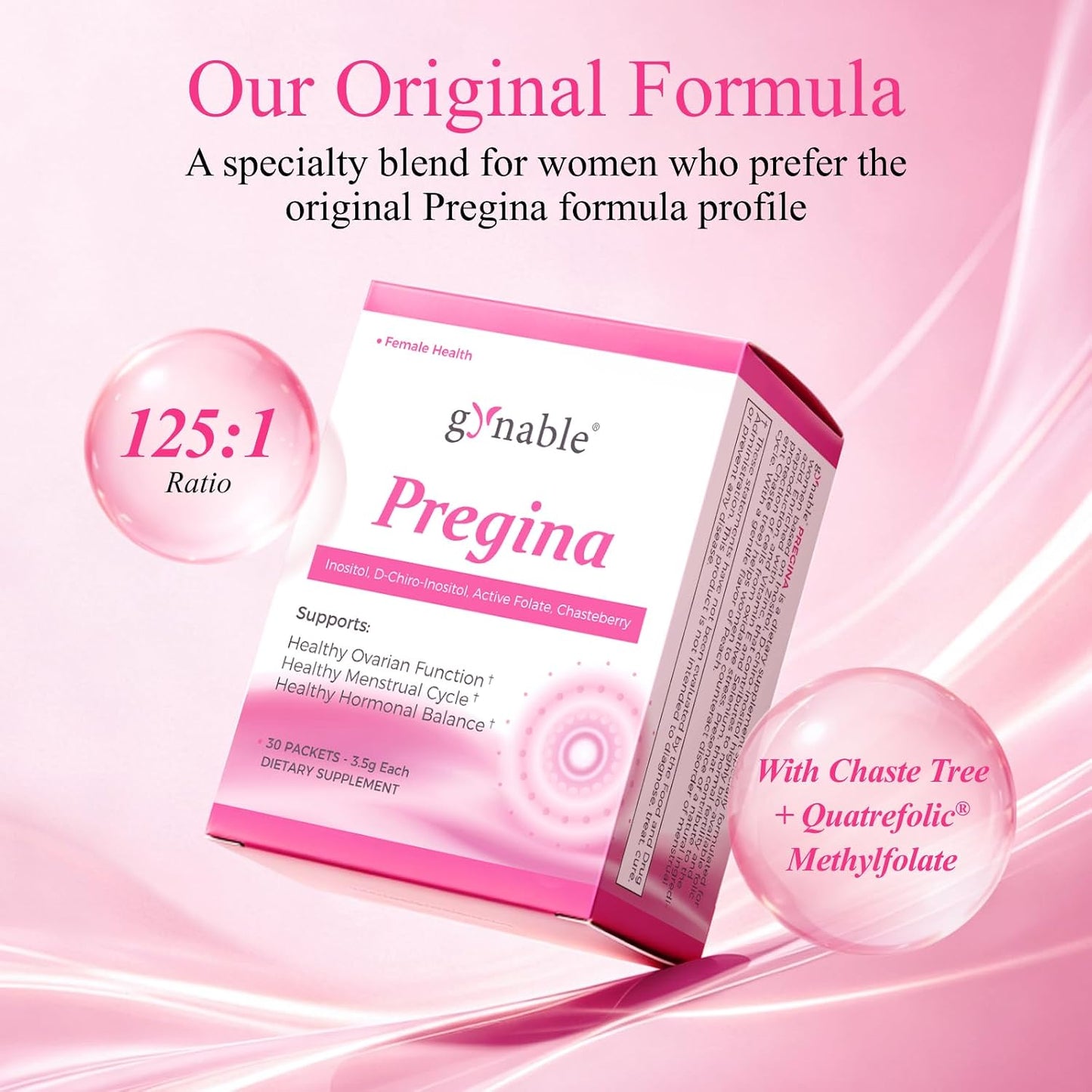 Gynable Pregina Myo-Inositol & D-Chiro Inositol for Women - Original 125:1 Formula, Hormonal Balance & Cycle Wellness, with Chaste Tree & Methylfolate, Powder Sachets, 30 Servings