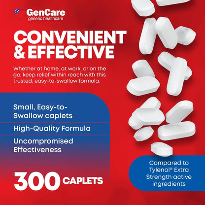 GenCare - Acetaminophen 500mg Extra Strength Pain Relief (300 Caplets) - Multi Symptom Pain Reliever for Headache, Sinus, Arthritis, Back Pain Muscle Ache, Toothache, Fever Reducer, Migraine GenCareBuy Supplements Australia