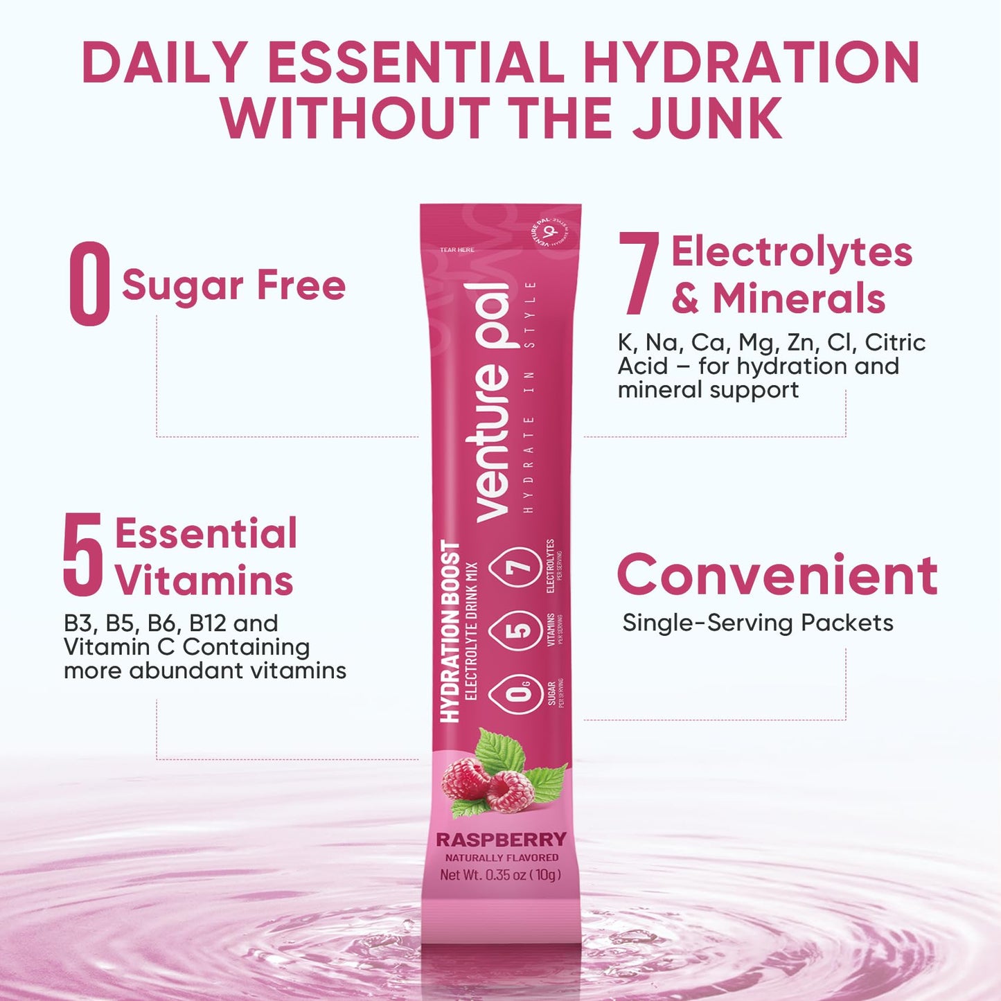 Venture Pal Sugar Free Electrolyte Powder, Liquid Daily IV Hydration Packet | 7 Electrolytes & 5 Vitamins, Electrolytes Dink Mix for Party Recovery & Instantly Hydration, Vegan, Keto-Friendly, 16 Sticks