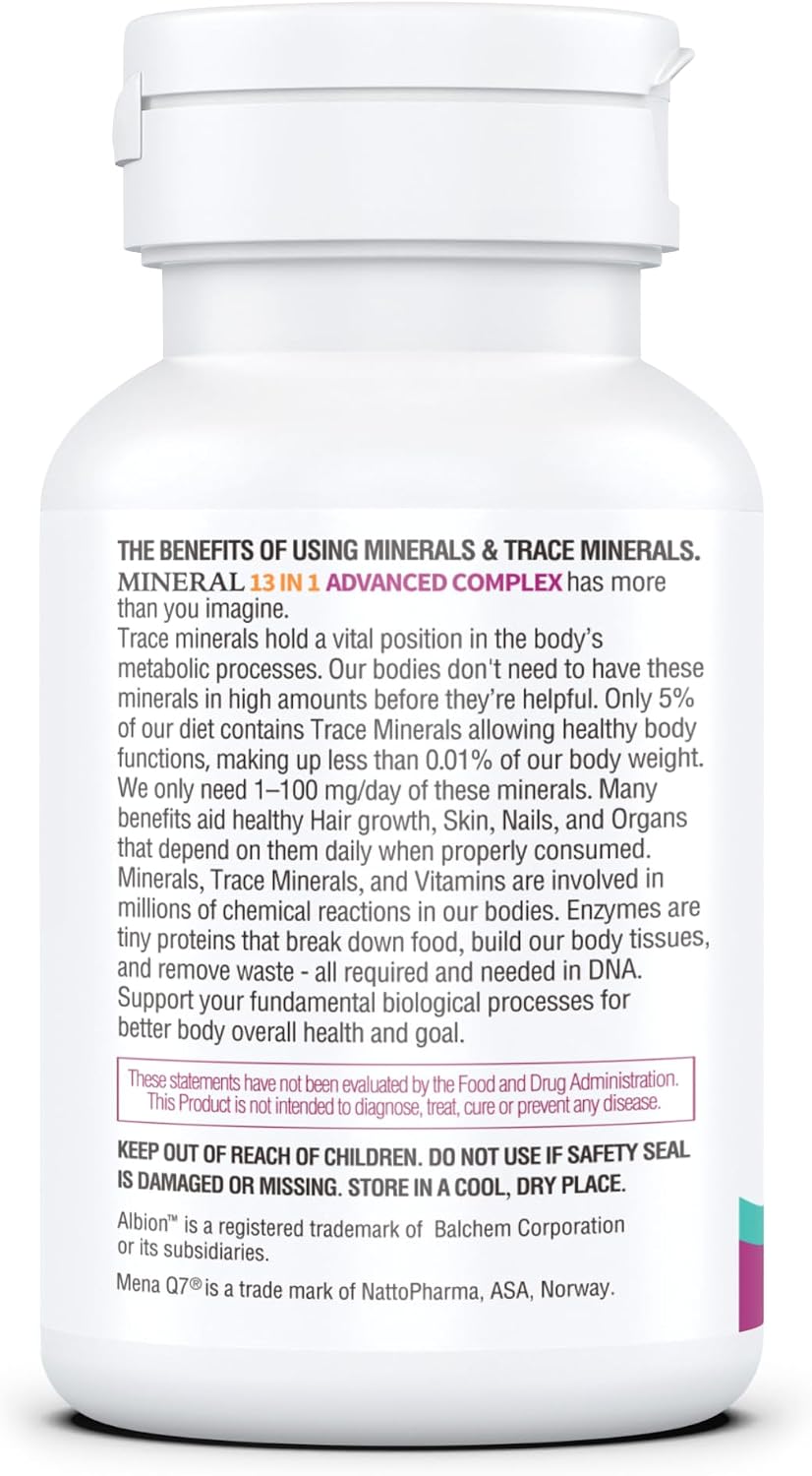KAPPA NUTRITION Mineral 13 in 1 Advanced Complex with Albion® Chelated Minerals & MenaQ7® MK-7 Vitamin K2 | Calcium, Zinc, Selenium, Chromium, Iodine & Trace Minerals | 90 Vegan Capsules