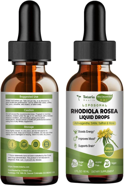 Totaria 16-in-1 Liposomal Rhodiola Rosea Supplement Tincture 1000mg, Ultra Strength Rhodiola 10:1 Root Extract w/Ashwagandha, Rhodiola Liquid Drops for Natural Relaxation, Mood, Energy, Alcohol-Free