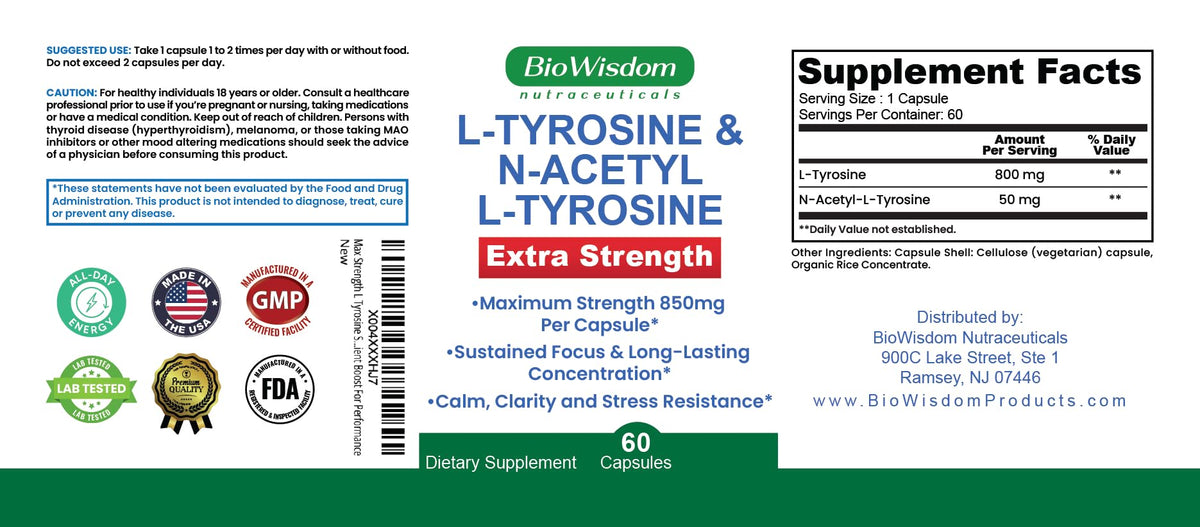 Max Strength L Tyrosine Supplement & N Acetyl L Tyrosine Peak Focus, Alertness, Concentration, Body & Mind Energy. L-Tyrosine 850mg Per 1 Capsule. A Well-Being Nutrient Boost For Performance BioWisdom Nutraceuticals buy supplements Au