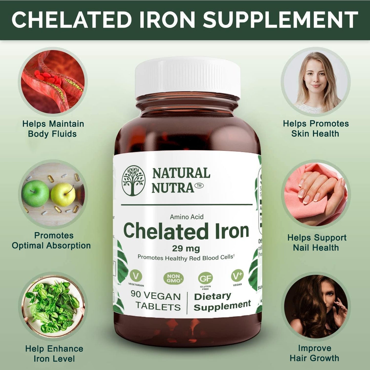 Natural Nutra Chelated Iron Supplement for Men & Women, Nails Health, Promotes Optimal Absorption, Helps Enhance Iron Level, Maintain Body Fulid, Help to Improves Hair Growth, Skin Health, 180 Tablets