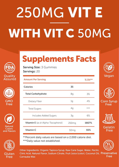 Lunakai USA Made Vitamin E 400 IU Gummies with Vitamin C 50mg, for Eye, Immune & Skin Support - d-Alpha-Tocopherol for Adults, Women & Men, Non-GMO Vegan, 60 Daily VIT E Gummies