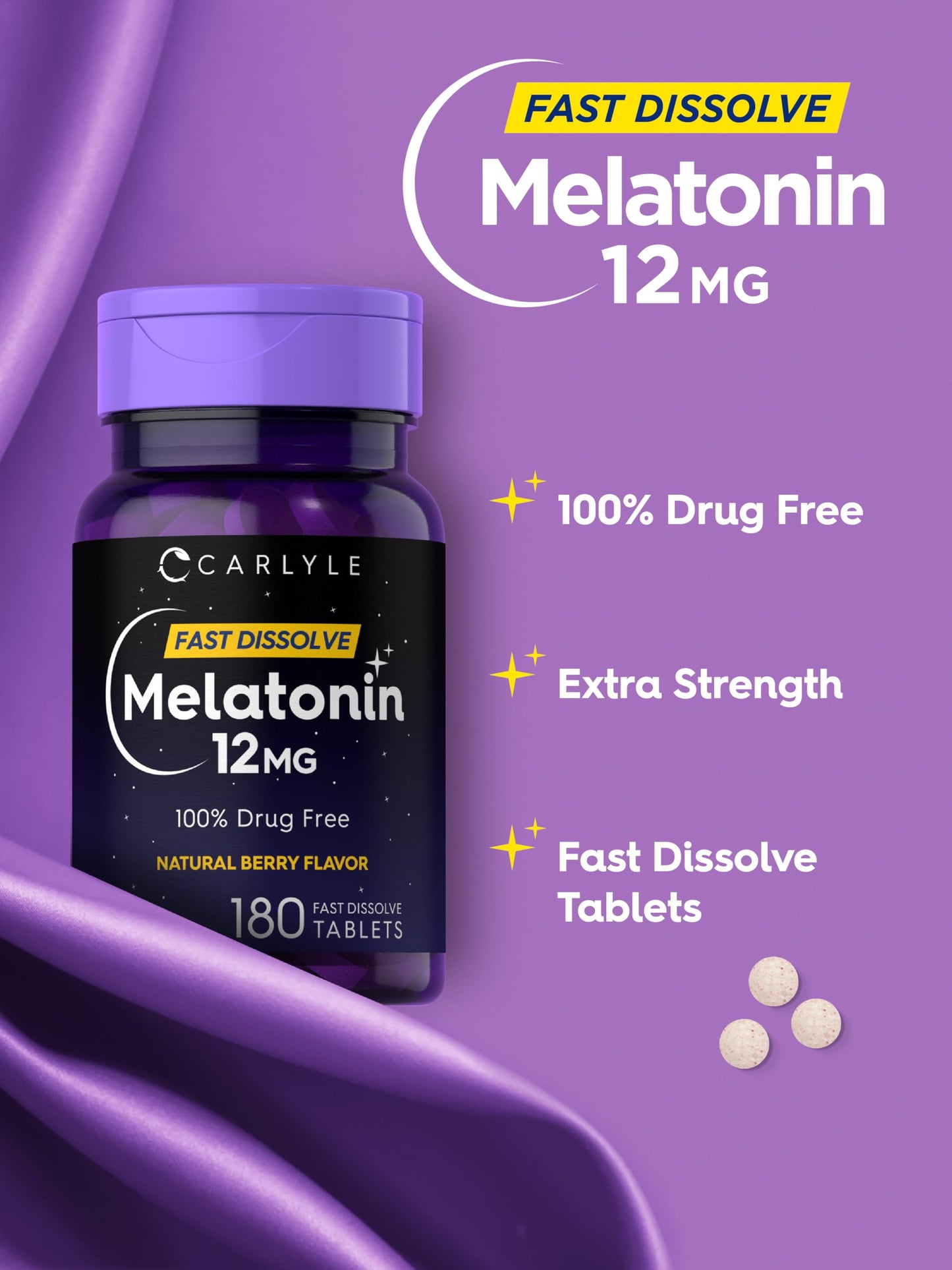 Carlyle Melatonin 12 mg Fast Dissolve 300 Tablets | Drug Free | Natural Berry Flavor | Vegetarian, Non-GMO, Gluten Free