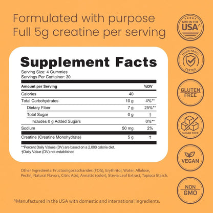 NaturaLife Labs Creatine Monohydrate Gummies - 5g per Serving - Tangerine Flavor - 120 Gummies - Gluten-Free, Non-GMO, Vegan, Sugar Free