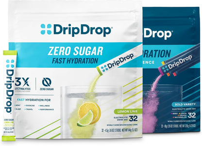 DripDrop Hydration Bold & Zero Sugar Bundle Electrolyte Packets, 64 Count | Berry, Watermelon, Lemon, Orange, Sugar Free Lemon Lime; 3X Electrolytes; Potassium, Magnesium, Zinc, Vitamin C; Single Serve
