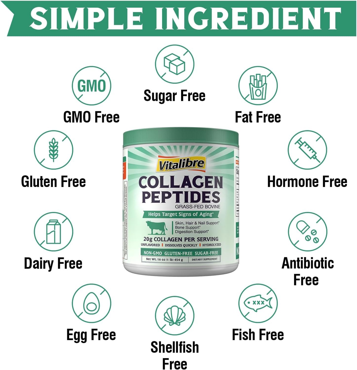 Vitalibre Bovine Collagen Peptides Powder for Women and Men, Grass-Fed Hydrolyzed Collagen Protein Type I & III, Skin, Hair, Nails, Bones, Digestion, Unflavored, Non-GMO, Keto & GF, 22 Servings, 16oz