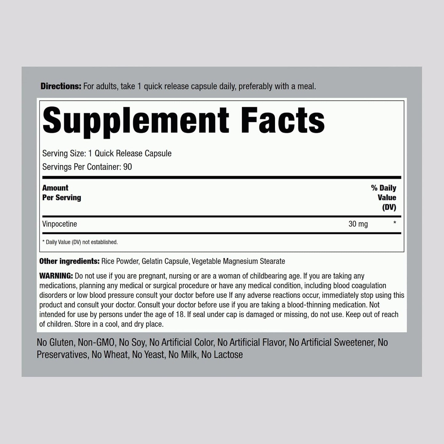 Piping Rock Vinpocetine 30mg | 90 Capsules | Super-Strength Supplement | Non-GMO, Gluten Free