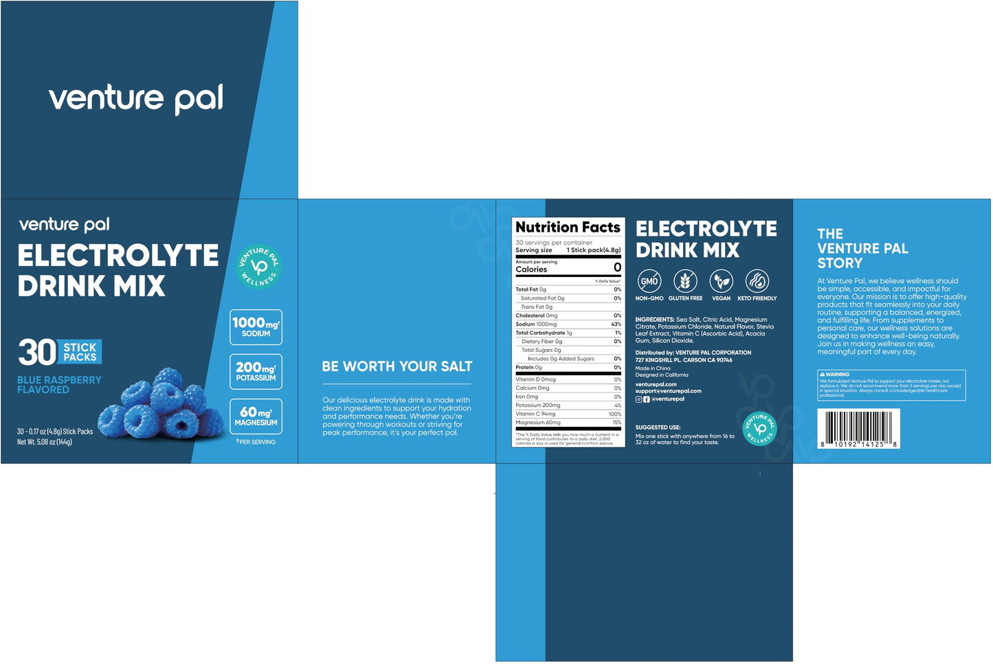 Venture Pal High Sodium Sugar Free Electrolytes Powder Packets, 16 Count | Hydration Packets with Sodium, Magnesium & Potassium, Vitamins, Zero Calories, Vegan, Keto & Paleo Friendly