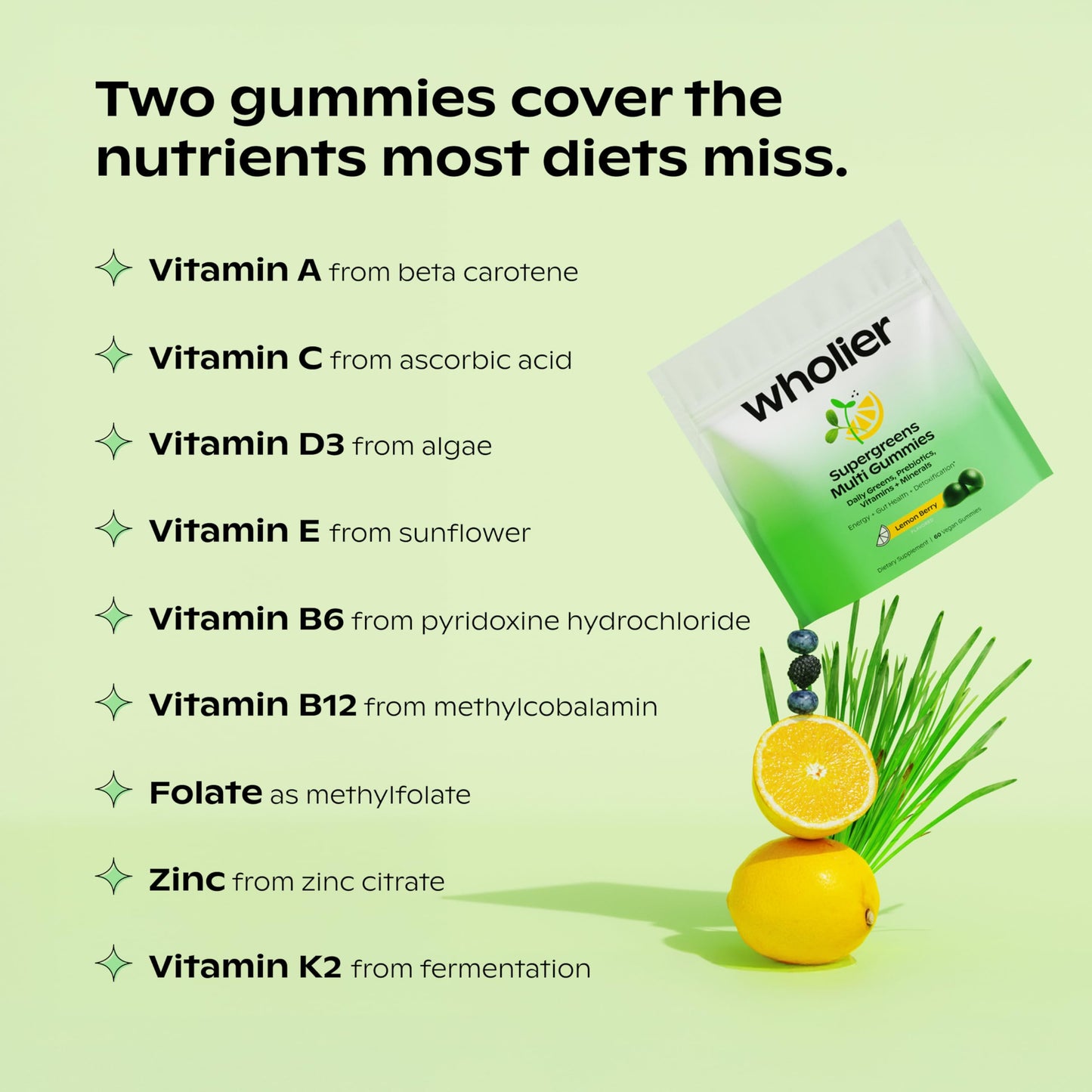 wholier Daily Supergreens Gummies, Greens Supplement with Prebiotics, Fiber, Adaptogens, Vegan Multivitamin, 9 Essential Vitamins + Minerals, 1g Sugar, 2 Gummy Serving (60 Gummies, 30 Day Supply) wholier buy supplements Au