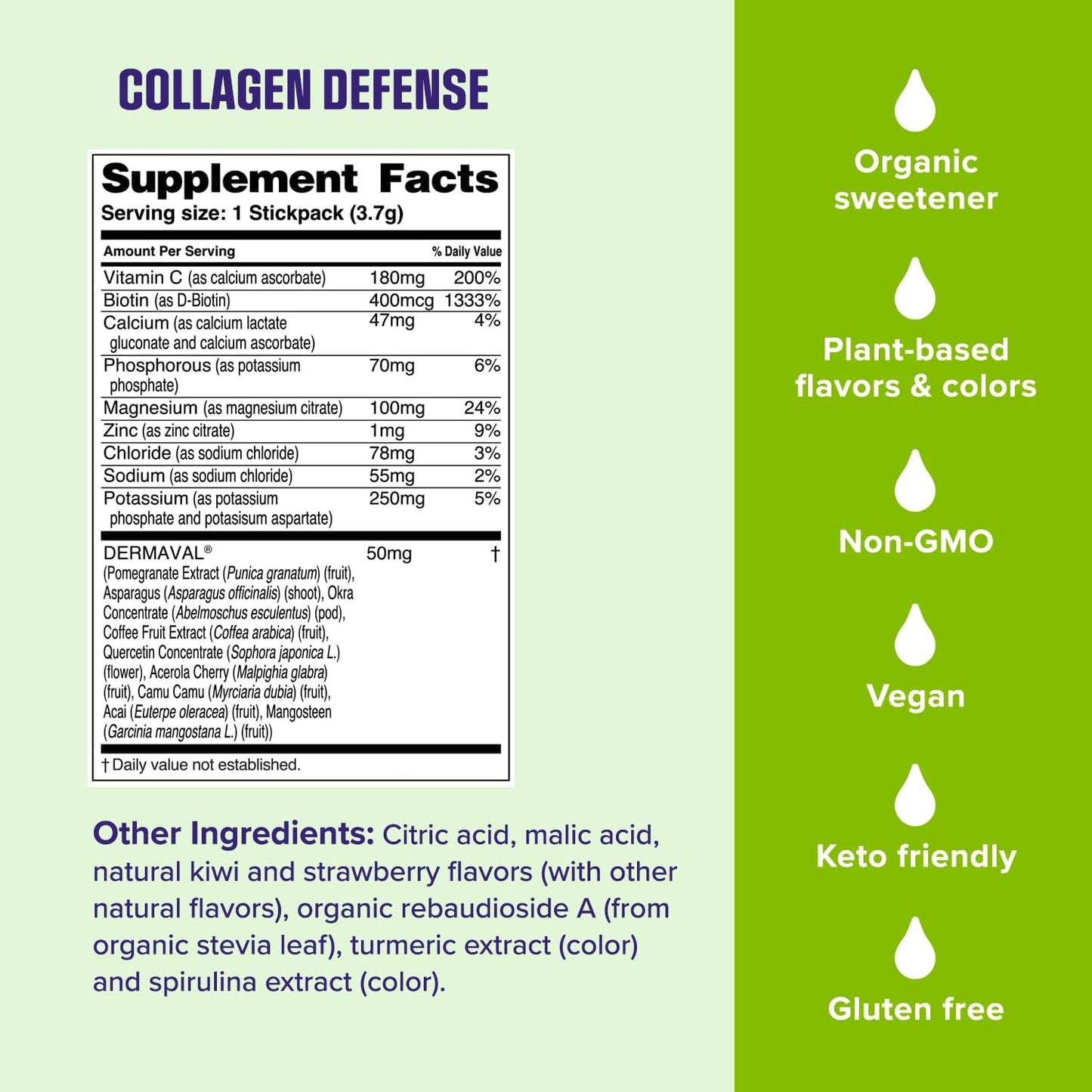 Ultima Replenisher Collagen Defense, Kiwi Strawberry, 13 Stickpacks | Daily Zero Sugar Supplement & Electrolyte Powder Hydration Packets with 6 Key Electrolytes, Dermaval & Biotin for Skin Health