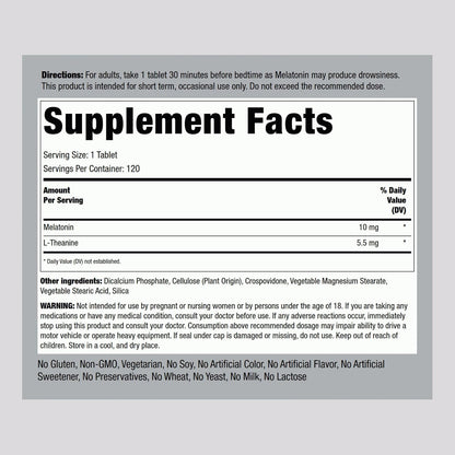 Piping Rock Melatonin 10mg | 120 Tablets | with L-Theanine | Adult Sleep Supplement | Extra Strength Formula | Vegetarian, Non-GMO, Gluten Free