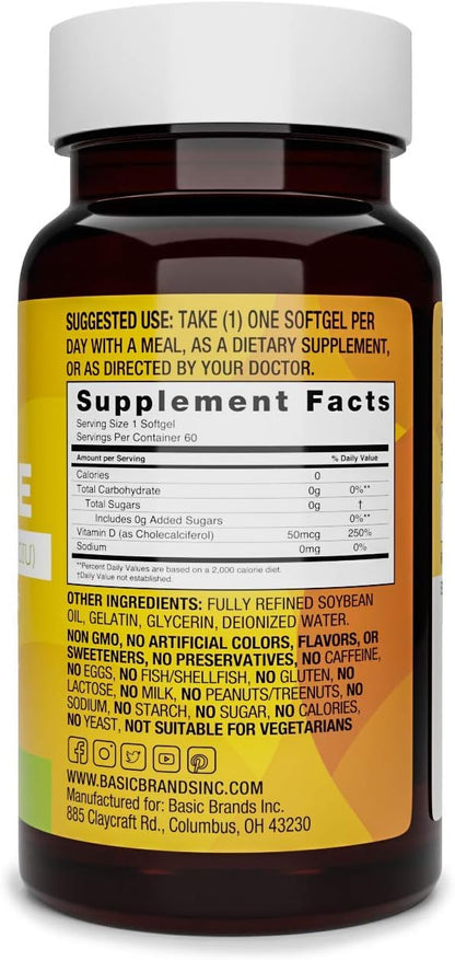 Basic Brands Happy Sunshine Vitamin D3 2000 IU | Gluten-Free, 60 Softgels