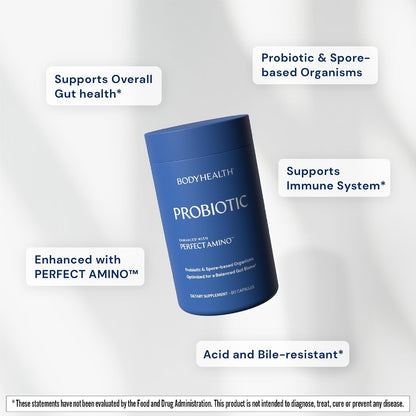 BodyHealth Probiotic Enhanced with PerfectAmino for Women and Men, Spore Based with Bifidobacterium, Lactobacillus Salivarius, Lactobacillus Acidophilus - 60 Capsules